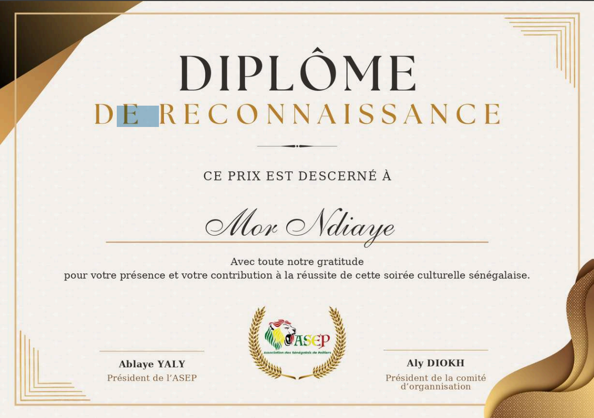 Diplôme de reconnaissance Association des Sénégalais de Poitiers