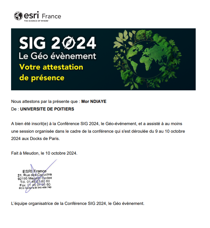 Attestation de participation au Géo Événement Esri 2025