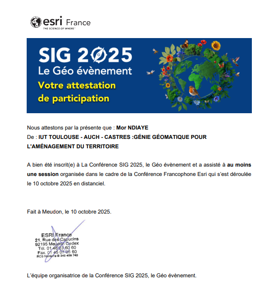 Attestation de participation au Géo Événement Esri 2026